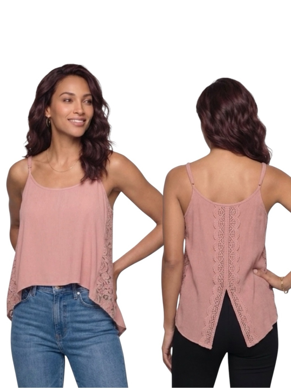 Ambiance Pink Spaghetti Strap Lace Panel Hi-Lo Top